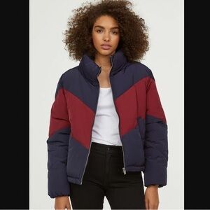 H&M Two-Tone Puffer Jacket - Navy & Burgundy Size Small PRELOVED